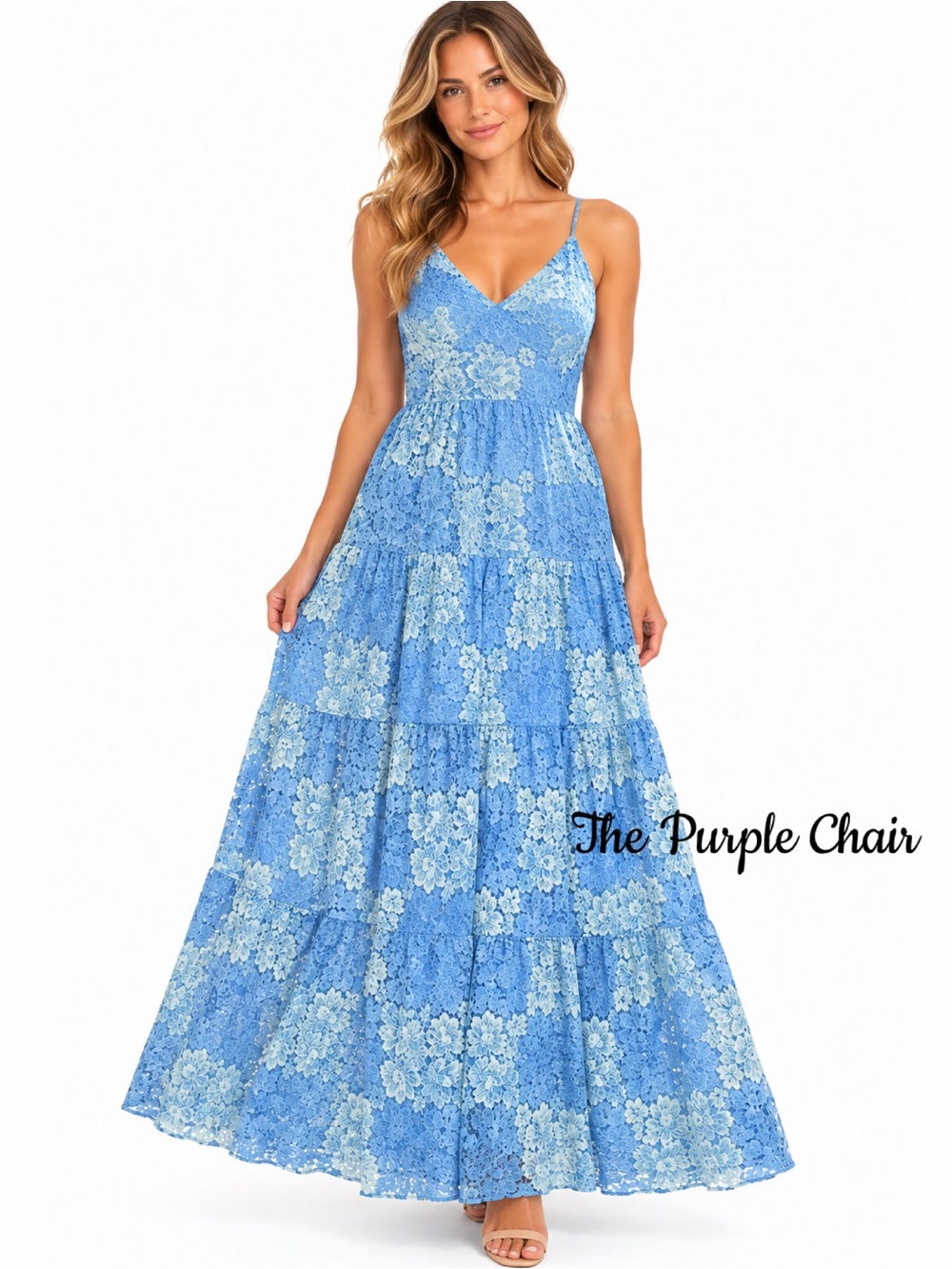 DRESS THE POPULATION NWT Summer Sky Blue Lace Sleeveless Melina Maxi Dress XS